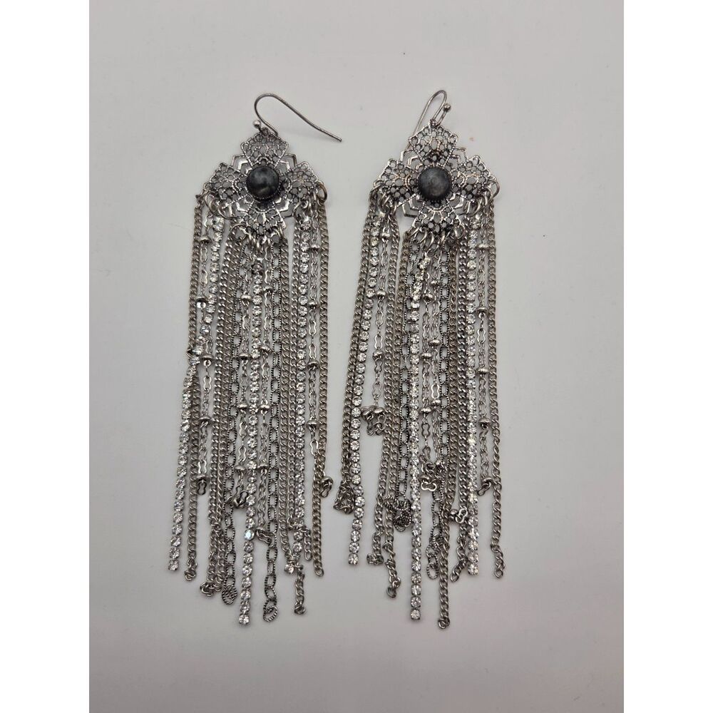 Shyanne Silver Rhinestone Waterfall Tasse Western Boho Statement Earrings